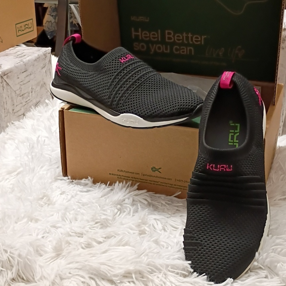 Kuru Stride Black Knit Slip-On Sneakers Walking Plantar Fascitis Shoes SZ 10.5